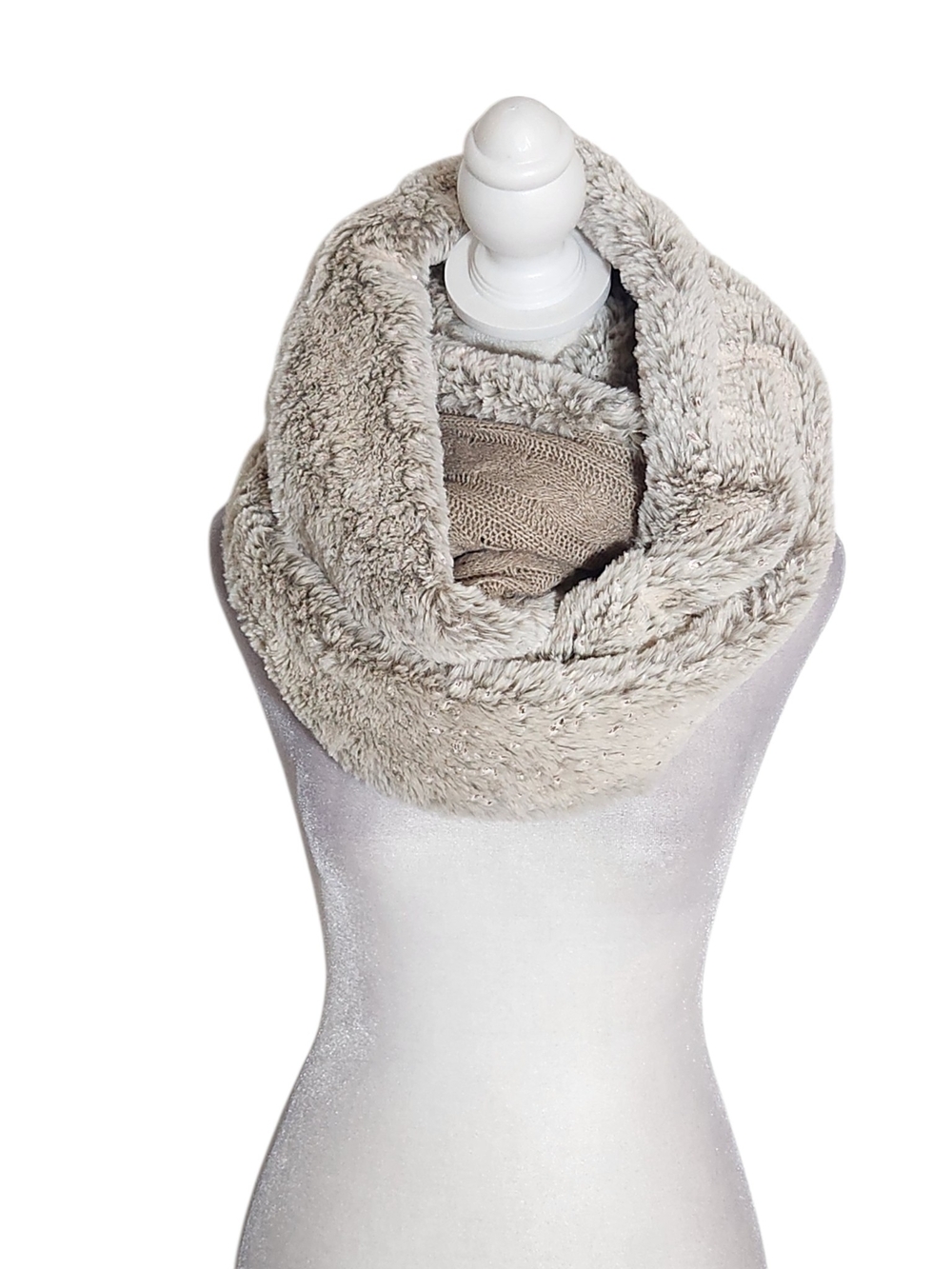 Madison 88 Beige Faux Fur and Cable Knit Infinity Scarf with Metallic Pink Tone